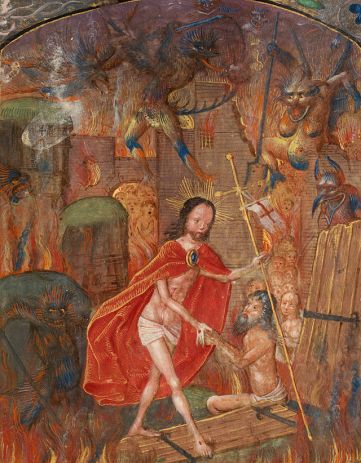 Harrowing_of_hell_Christ_leads_Adam_by_the_hand._On_scroll_in_border,_the_motto_'Entre_tenir_Dieu_le_viuelle'_(f._125)_Cropped