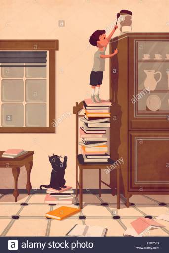 boy-standing-on-pile-of-books-reaching-for-cookie-jar-E9XY7G